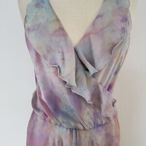 Haute Hippie silk maxi dress tiedyed gray pink blue purple rainbow ruffle 6 8 10